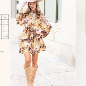 Long Sleeve Gold & Brown Printed Dress